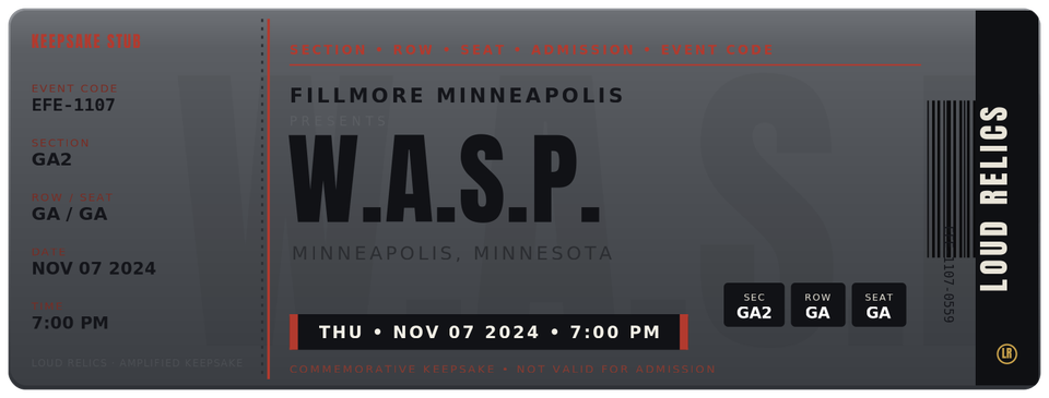 W.A.S.P. commemorative concert stub keepsake