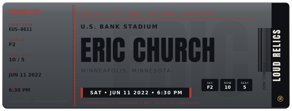 Eric Church commemorative concert stub keepsake