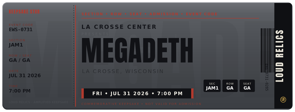 Megadeth commemorative concert stub keepsake