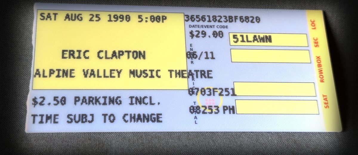 Eric Clapton commemorative concert stub keepsake, actual piece