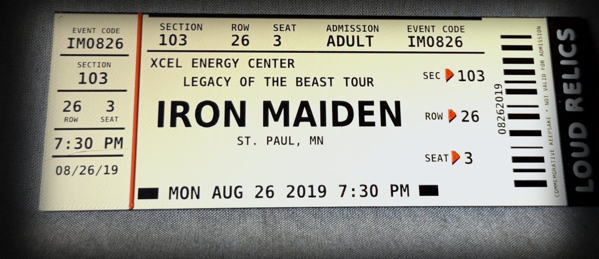 Iron Maiden commemorative concert stub keepsake, actual piece